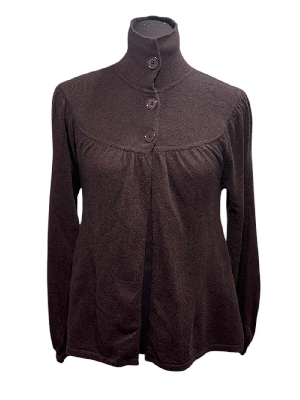 VTG Kenar 100% Cashmere Open Front Mock Neck Button Sweater Cardigan Chocolate M - Picture 1 of 11